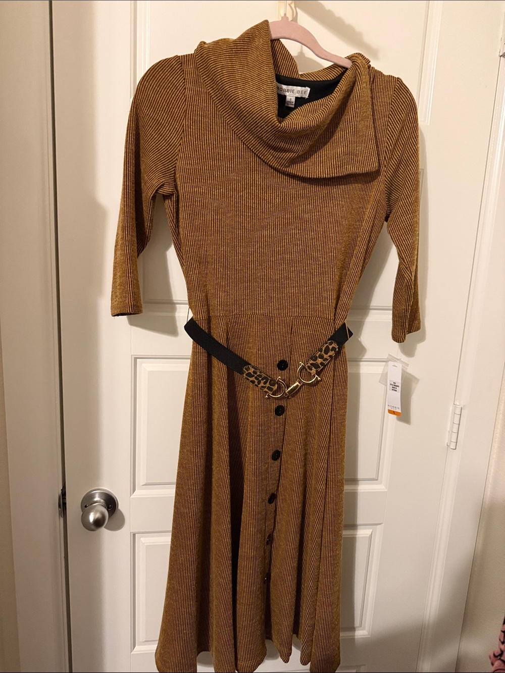 Cowl Neck Ribbed Midi Dress in Mustard with Chain Belt